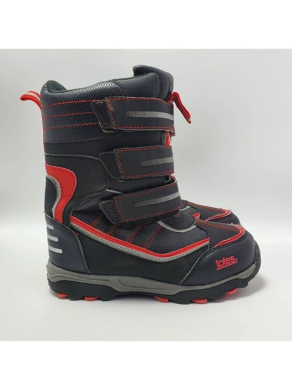 Totes Boys Silas 3 Straps Snow Winter Boot Black Red Waterproof Size 1M